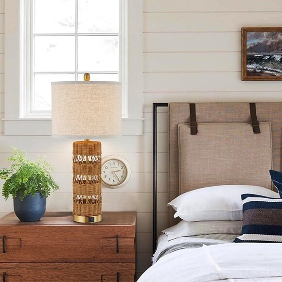 NEW Set of 2  Rattan Decorative 28" Table Lamps with E26 Socket&Rotary Switch, - Picture 3 of 9